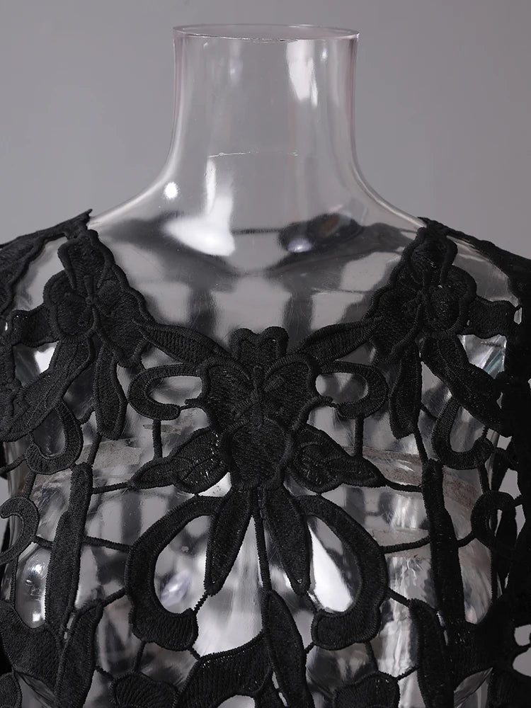 Women Black Lace Hollow Out Perspective Big Size Dress New Round Neck Sleeveless Fashion Tide Spring Summer 2025 1DJ0243