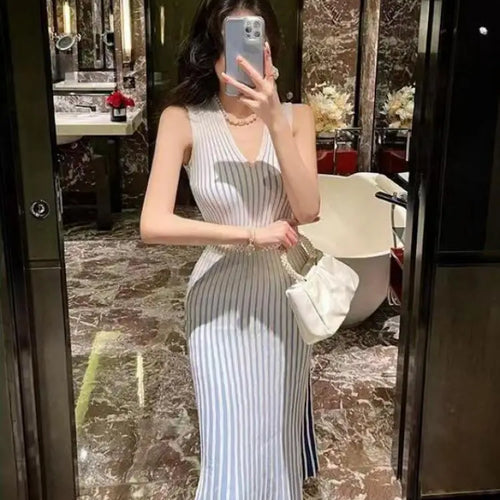Load image into Gallery viewer, Korean Autumn White Stripe V Neck Elegant Wrap Hip Long Dress Vintage Women Temperament Sleeveless Knitted Vest Dress 2024 Trend
