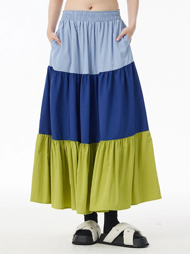 High Elastic Waist Green Color-block Pocket A-line Cake Half-body Skirt Women Fashion Tide New Spring Autumn 2025 1DJ0956