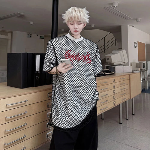 Load image into Gallery viewer, Men's T-shirts New Summer Round Neck Mesh Cloth Fake Two-Piece Letter Printed Male Short Sleeved Trendy Pullover Top 9W1800
