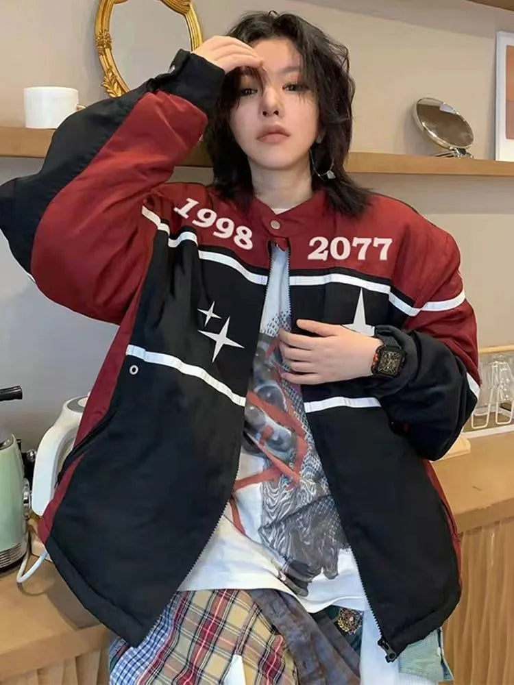 Women Clothing Streetwear BF Jackets Oversized Tops Harajuku Outwear Ropa Mujer Contrast Color Casual Zipper Stand Neck Coats