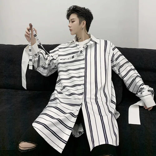 Load image into Gallery viewer, Niche Style Male Shirts Stripe Patchwork Loose Lace-up Casual Tops Lapel Long Sleeve Men&#39;s Clothing Spring Tide 9C6364
