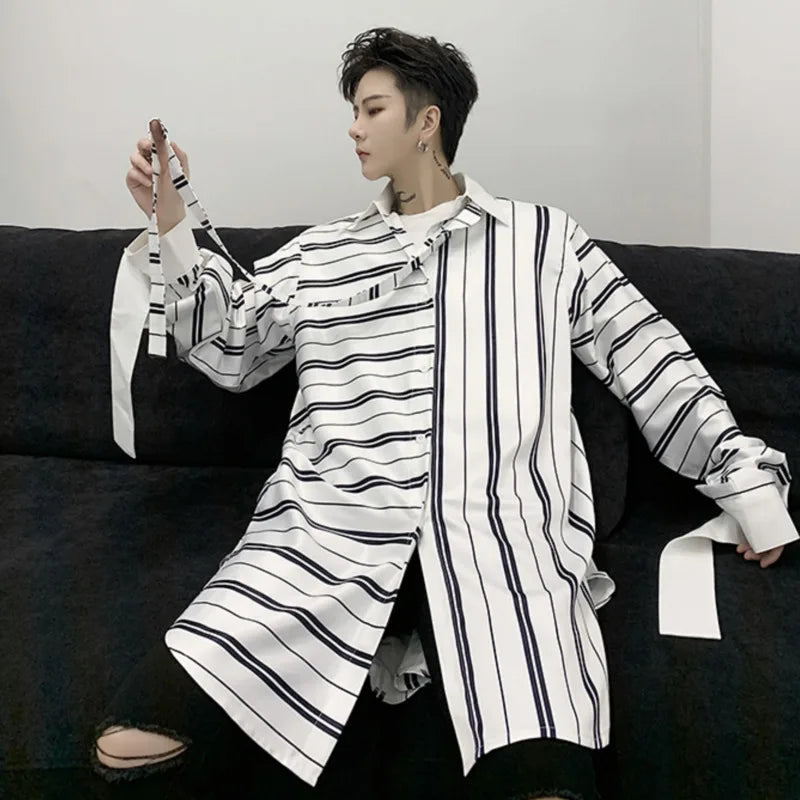 Niche Style Male Shirts Stripe Patchwork Loose Lace-up Casual Tops Lapel Long Sleeve Men's Clothing Spring Tide 9C6364