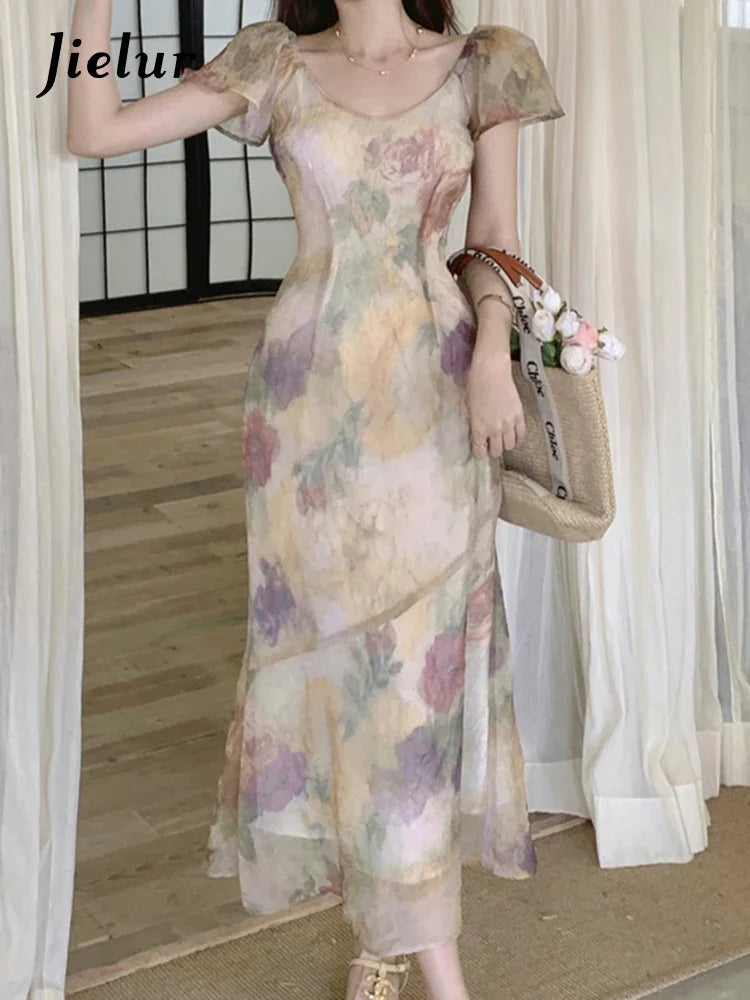 Tie Dye Slim Waist Elegant Female Dresses French Style Square Neck Fashion Women's Dress Sweet Evening Party Club Dress