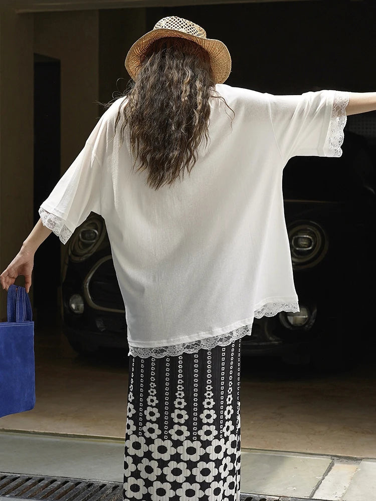 Women Gray Lace Hem Big Size Casual T-shirt New Round Neck Three-quarter Sleeve Fashion Tide Spring Autumn 2025 1DJ1929