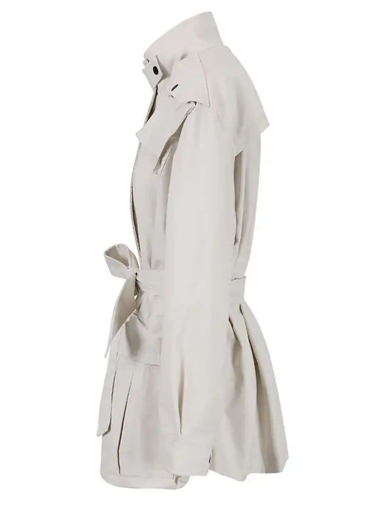 Women Beige Belted Big Size Trench New Stand Collar Long Sleeve Loose Windbreaker Fashion Tide Spring Autumn 2025 CPG0719