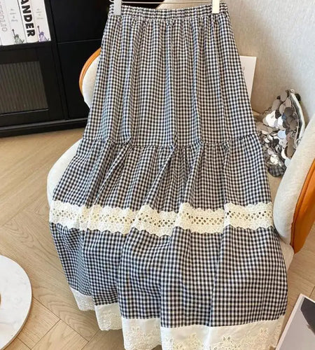 French Sweet Black Plaid Patchwork Lace Hollow Out High Waist Long Skirt 2025 Spring Summer New Women Holiday Pleated Skirt Slim
