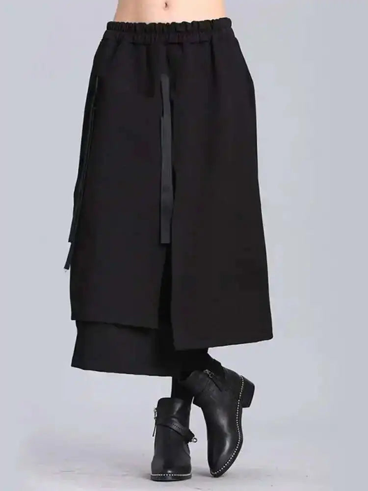 High Elastic Waist Black Irregular Ribbon Long Casual Half-body Skirt Women Fashion Tide New Spring Autumn 2025 JL233