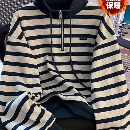 Load image into Gallery viewer, Korean Fashion Women's Striped Velvet Half Zipper Sweatshirt Autumn Winter Retro Long Sleeve Holiday Pullover Tops Thick Casual
