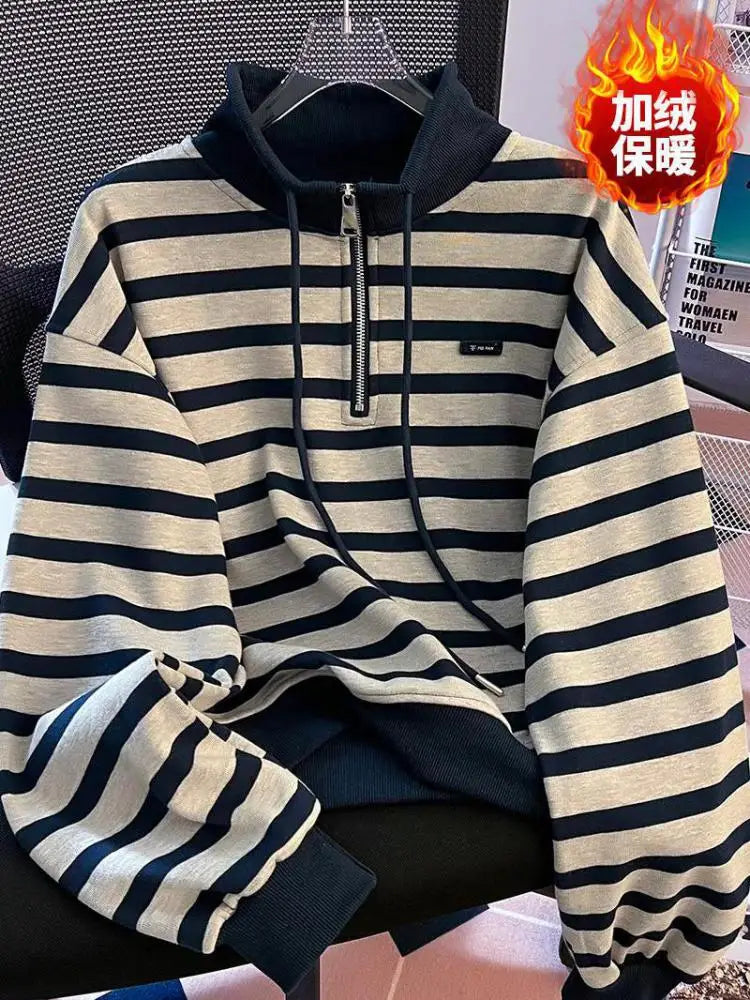 Korean Fashion Women's Striped Velvet Half Zipper Sweatshirt Autumn Winter Retro Long Sleeve Holiday Pullover Tops Thick Casual