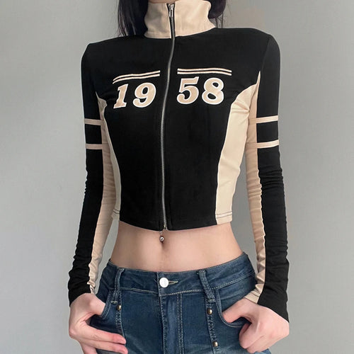 Load image into Gallery viewer, Harajuku Patchwork Zip Up Autumn Jacket Female Sporty Casual Digital Skinny Turtleneck Coat Moto&amp;Biker Style Outwear
