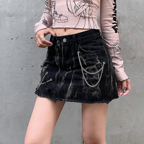 Load image into Gallery viewer, Grunge Gothic Burr Tie Dye Summer Denim Skirt Female Punk Style Chain Mini Skirts Vintage Stitching Hottie Harajuku
