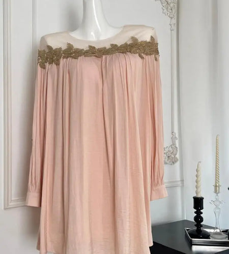 Vintage Women's Elegant Pink Patchwork Mini Dress Autumn French Long Sleeve Round Neck Vacation Pleated Short Dress Popular Chic