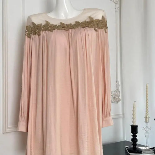 Load image into Gallery viewer, Vintage Women's Elegant Pink Patchwork Mini Dress Autumn French Long Sleeve Round Neck Vacation Pleated Short Dress Popular Chic
