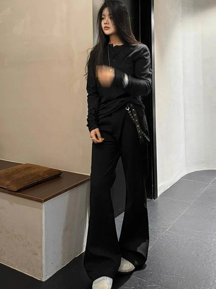 2025 Women Streetwear Embroidery Grunge T-shirts Loose Single Breasted Autumn Black Tops Y2k Aesthetic Casual Style Vintage Tees