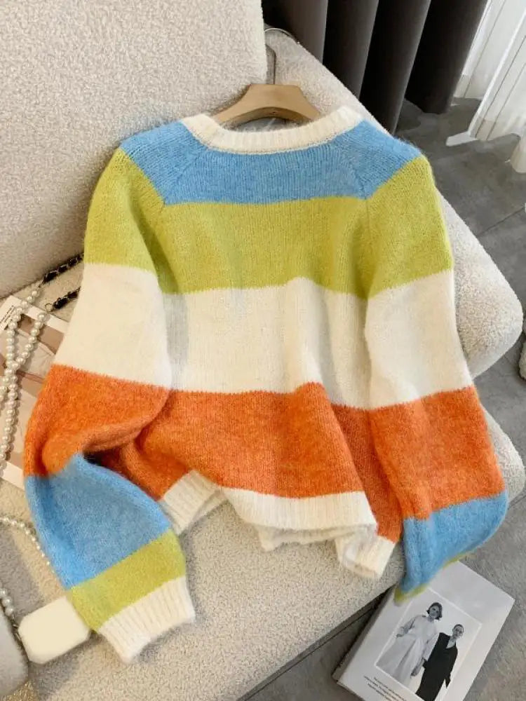 Autumn Winter Sweet Vintage Rainbow Striped V-neck Cardigan Long Sleeve Sweater Woman Elegant Festival Single Breasted Knit Tops