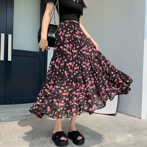Load image into Gallery viewer, French Vintage Black Floral Ruffled High Waisted Vacation Pleated Long Skirt Women Elegant Party Skirt Clothes Spring Summer New

