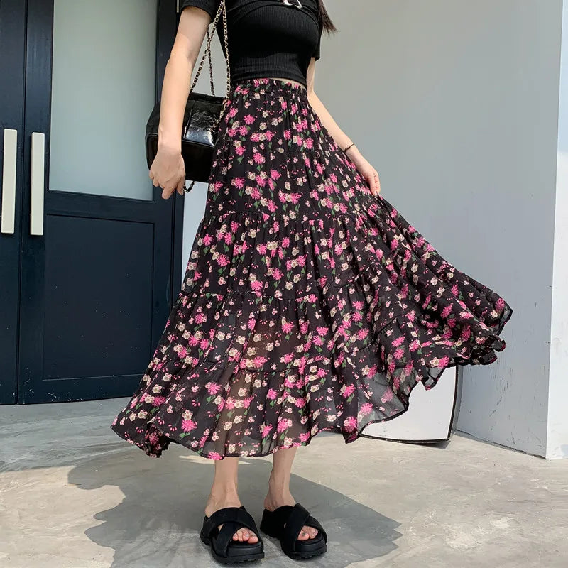 French Vintage Black Floral Ruffled High Waisted Vacation Pleated Long Skirt Women Elegant Party Skirt Clothes Spring Summer New