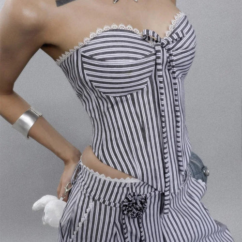 Load image into Gallery viewer, y2k Tops Women Summer Striped Lace Trim Off Shoulder Strapless Open Back Cross Tie-Up T Shirt Vest 2000s Streetwear
