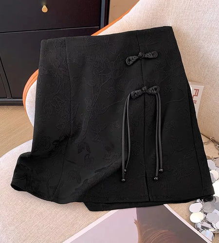 Chinese Style Vintage White Elegant Split Mini Skirt Spring Summer Fashion Black High Waist Party Short Skirt Women Clothing New