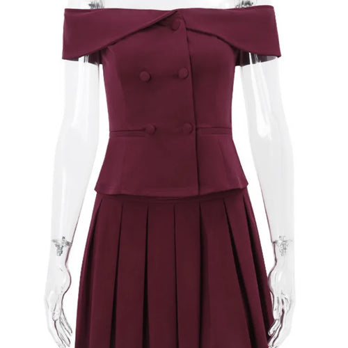 Load image into Gallery viewer, Sexy Skirt Two Piece Set Women Off-shoulder Tops And Pleated Mini Skirt Matching Sets Femme Fashion Two Piece Set

