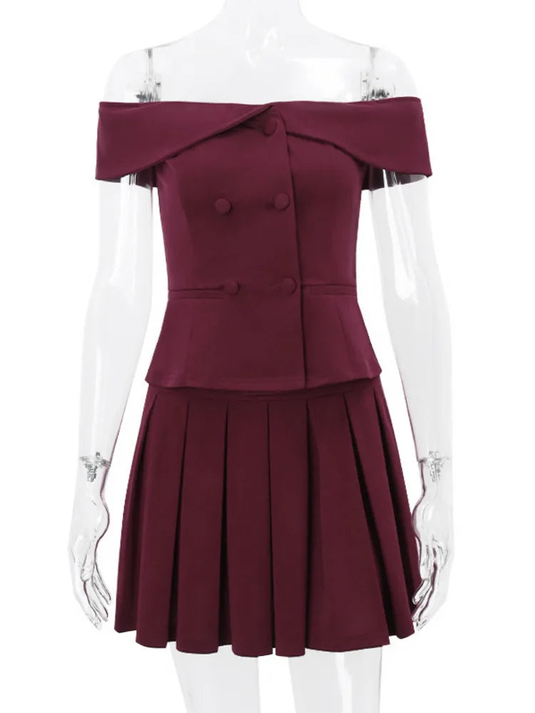 Sexy Skirt Two Piece Set Women Off-shoulder Tops And Pleated Mini Skirt Matching Sets Femme Fashion Two Piece Set
