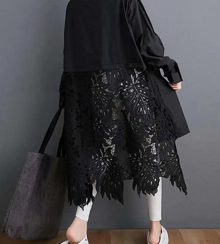 Women Black Back Lace Big Size Long Blouse New Stand Collar Long Sleeve Shirt Fashion Tide Spring Autumn 2025 1DH5873