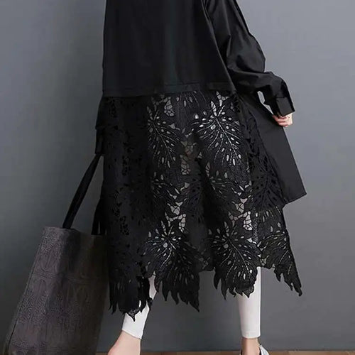 Load image into Gallery viewer, Women Black Back Lace Big Size Long Blouse New Stand Collar Long Sleeve Shirt Fashion Tide Spring Autumn 2025 1DH5873
