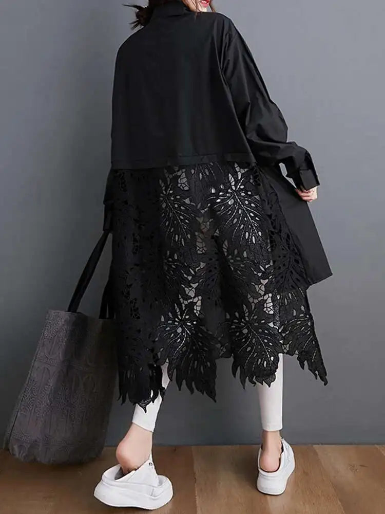 Women Black Back Lace Big Size Long Blouse New Stand Collar Long Sleeve Shirt Fashion Tide Spring Autumn 2025 1DH5873