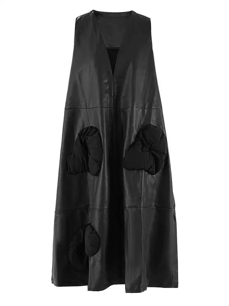 Women Black  Pu Leather Pockets Big Size Long Vest Dress New V-Neck Sleeveless Fashion Tide Spring Autumn 2025 CPG2085