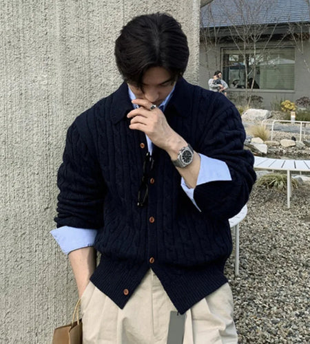 Solid Color Men's Sweaters Lapel Knitting Korean Style Single Breasted Twisted Casual Male Cardigan Spring Menswear 9W1231