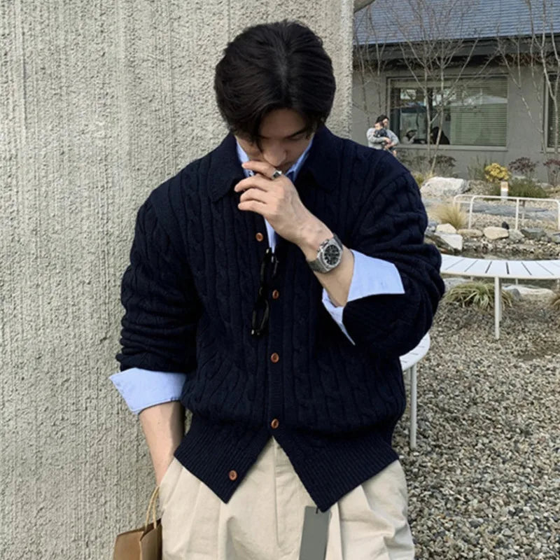 Solid Color Men's Sweaters Lapel Knitting Korean Style Single Breasted Twisted Casual Male Cardigan Spring Menswear 9W1231