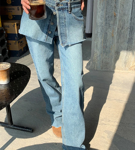 Detachable Denim Pants For Women High Waist Patchwork Pockets Casual Loose Solid Wide Leg Jeans Female Fashion