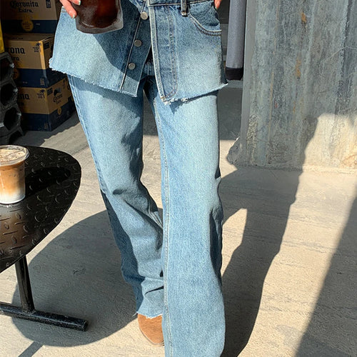 Load image into Gallery viewer, Detachable Denim Pants For Women High Waist Patchwork Pockets Casual Loose Solid Wide Leg Jeans Female Fashion
