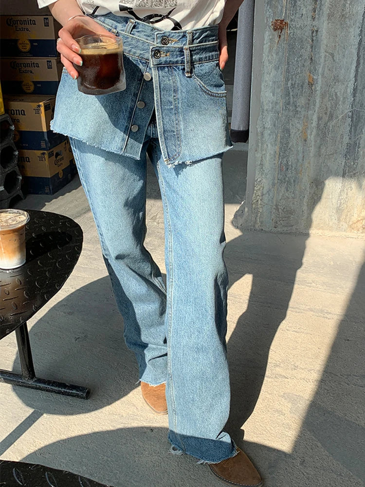 Detachable Denim Pants For Women High Waist Patchwork Pockets Casual Loose Solid Wide Leg Jeans Female Fashion