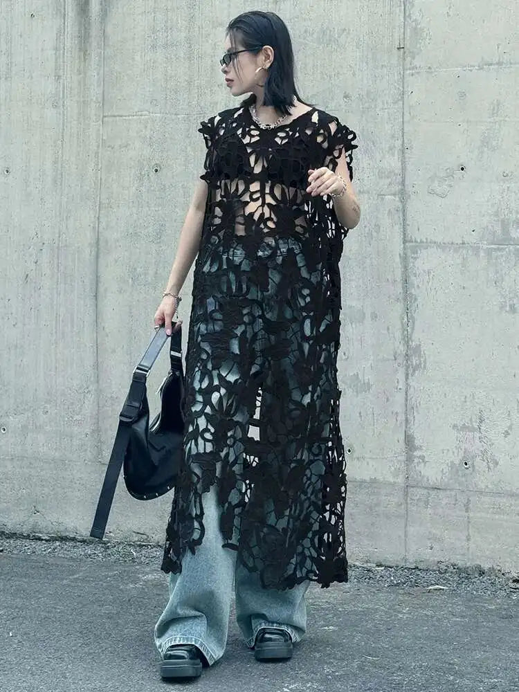 Women Black Lace Hollow Out Perspective Big Size Dress New Round Neck Sleeveless Fashion Tide Spring Summer 2025 1DJ0243