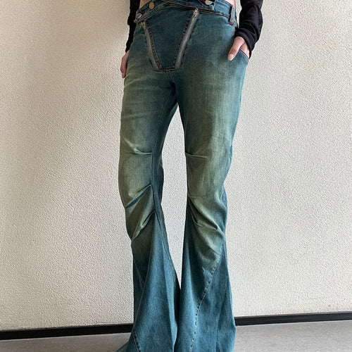 Load image into Gallery viewer, Hollow Out Chic Denim Pants For Women High Waist Patchwork Folds Slimming Casual Flare Pants Female Fashion Clothes
