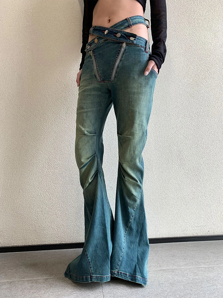 Hollow Out Chic Denim Pants For Women High Waist Patchwork Folds Slimming Casual Flare Pants Female Fashion Clothes