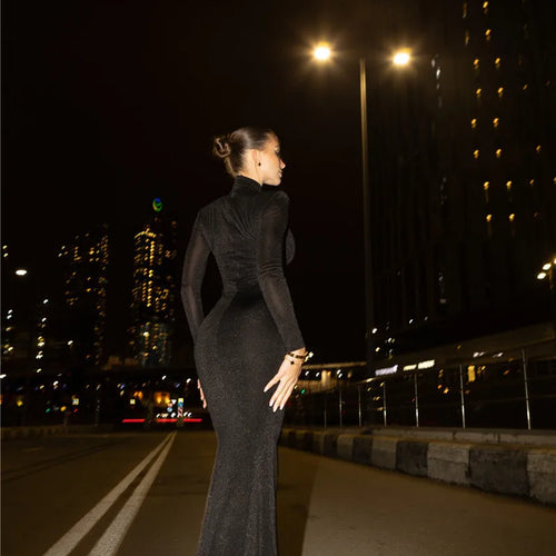 Load image into Gallery viewer, Hollow Out Turtleneck Long Sleeve Sexy Maxi Dress For Women Gown 2025 New Bodycon Evening Club Long Dress Vestido
