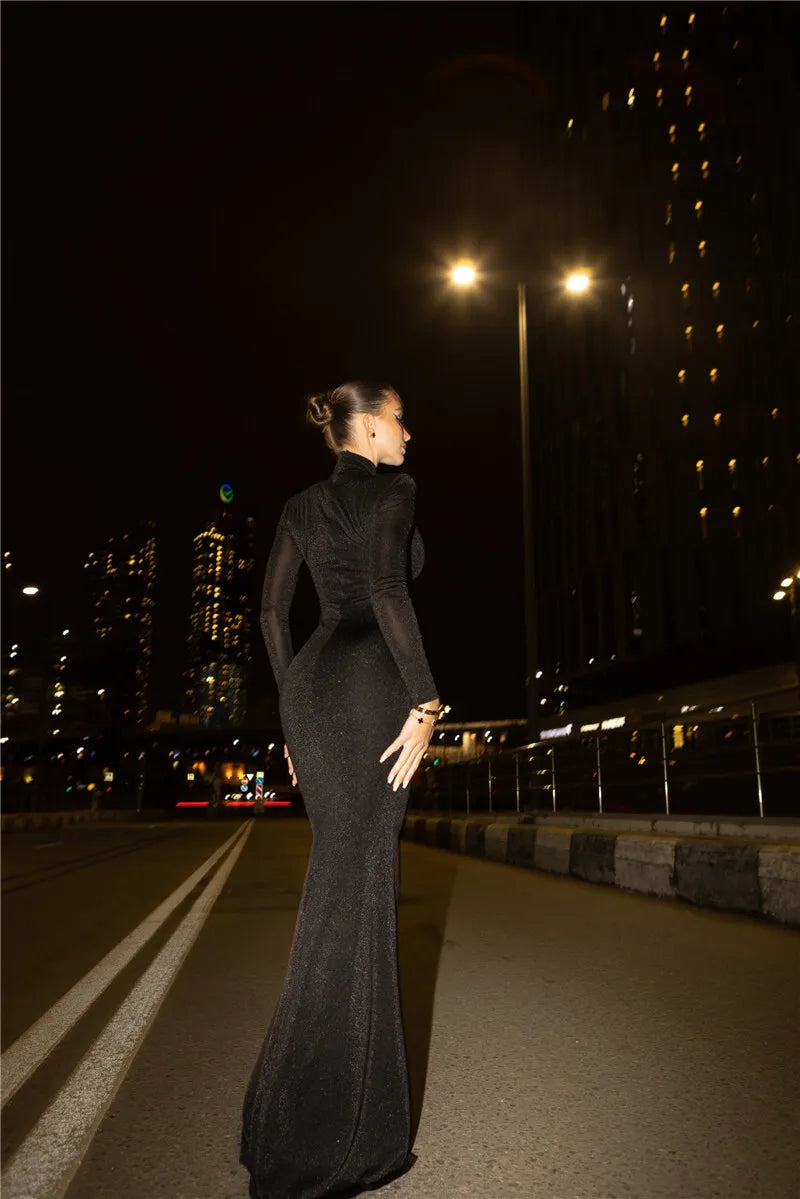 Hollow Out Turtleneck Long Sleeve Sexy Maxi Dress For Women Gown 2025 New Bodycon Evening Club Long Dress Vestido