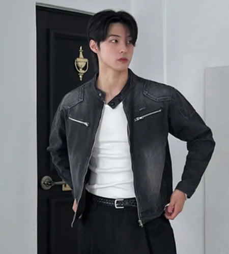 Men's Short Denim Jacket Male Loose Stand  Collar New Korean Multi Pockets Solid Color Trendy Spring Niche Top 9W1452