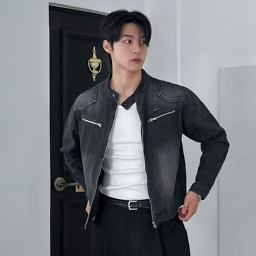 Load image into Gallery viewer, Men&#39;s Short Denim Jacket Male Loose Stand  Collar New Korean Multi Pockets Solid Color Trendy Spring Niche Top 9W1452
