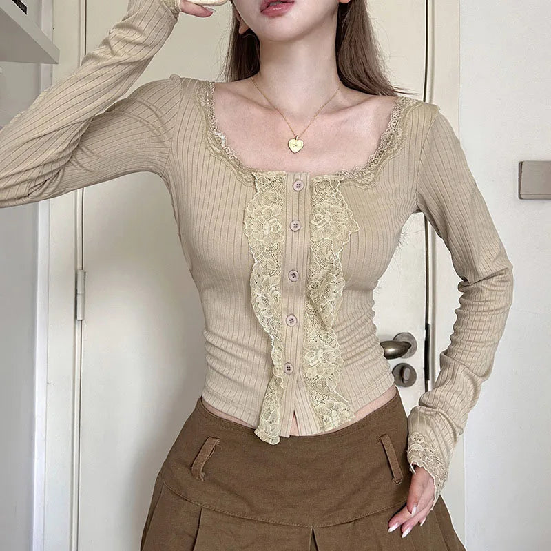 Lace Trim Tops y2k Clothes Women Square Collar Single Breasted Long Sleeve T Shirts Fairy Coquette Clothing Streetwear