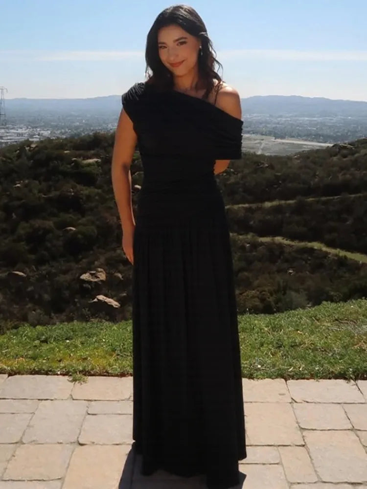 Incline Shoulder Backless Sexy Maxi Dress Women Summer New Fashion Sleeveless Pleated Ruched Club Party Long Dress