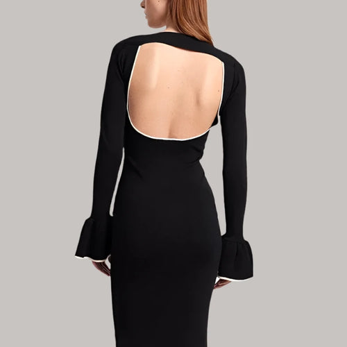 Load image into Gallery viewer, Black Hollow Backless Pencil Dress French Style Elegant Sexy Ruffle Flare Sleeve Midi Dresses for Women 2023 C85-CC30
