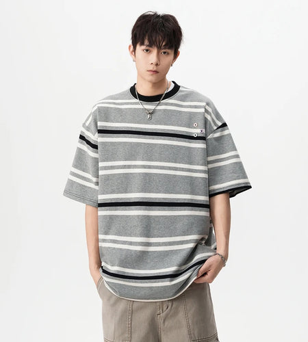 Striped Men's Short Sleeve T-shirts New Summer Contrast Color Button Design Casual Pullover Male Clothing 2025 9W1669