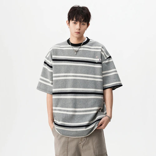 Load image into Gallery viewer, Striped Men&#39;s Short Sleeve T-shirts New Summer Contrast Color Button Design Casual Pullover Male Clothing 2025 9W1669
