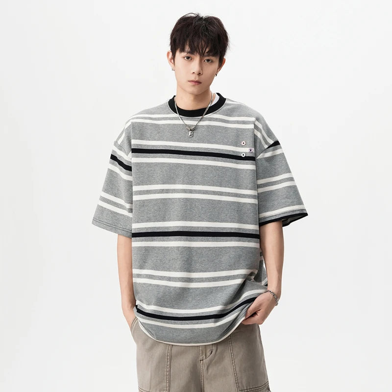 Striped Men's Short Sleeve T-shirts New Summer Contrast Color Button Design Casual Pullover Male Clothing 2025 9W1669