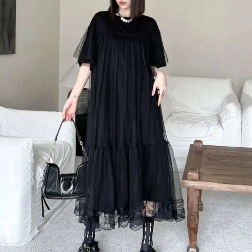Load image into Gallery viewer, Women Black Mesh Spliced  Elegant Big Size Midi Dress New Round Neck Short Sleeve Fashion Tide Spring Summer 2025 1DH5056
