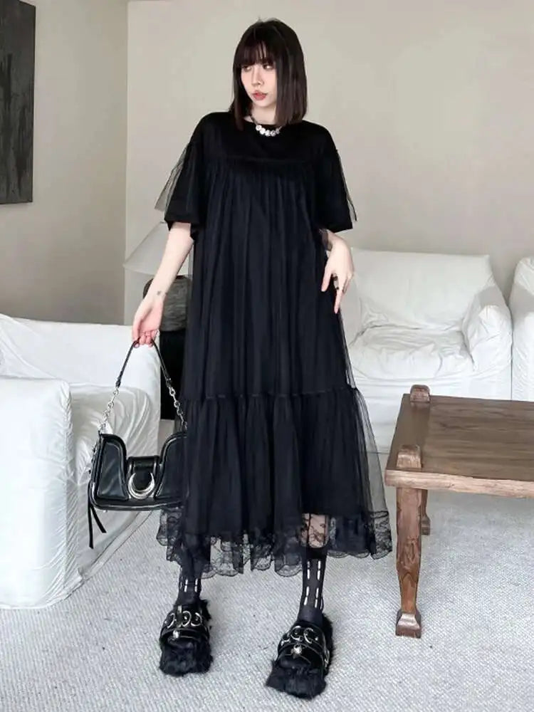 Women Black Mesh Spliced  Elegant Big Size Midi Dress New Round Neck Short Sleeve Fashion Tide Spring Summer 2025 1DH5056